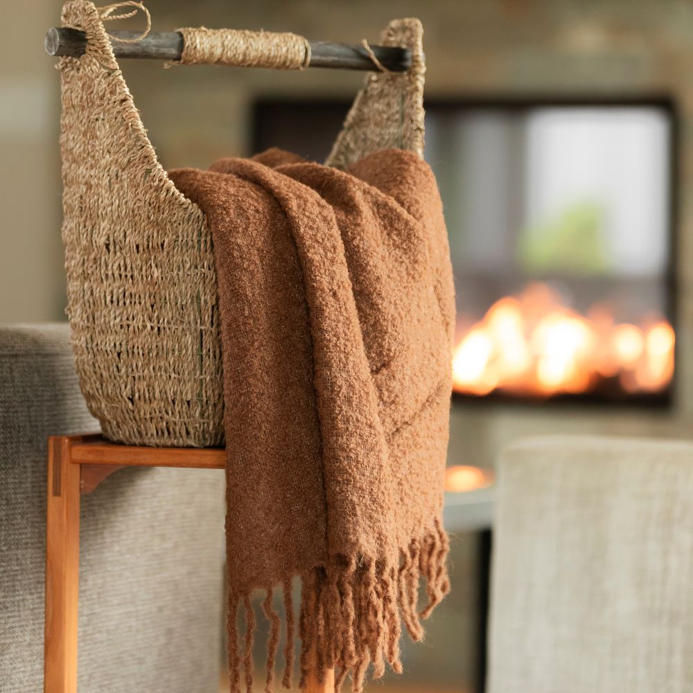 Handloomed Alpaca Bouclé Camel Colored Throw Blanket From Peru