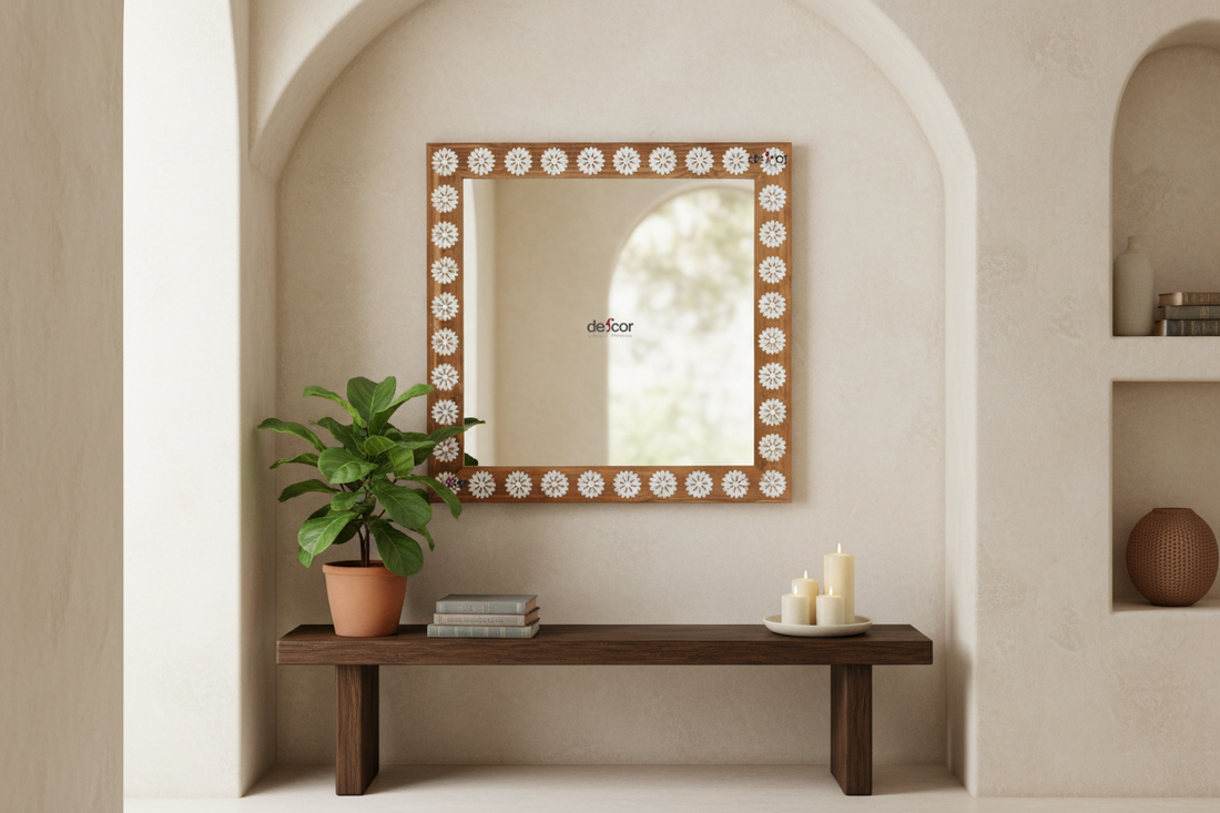 Square Reclaimed Teak Blossom Mother of Pearl Inlay Mirror