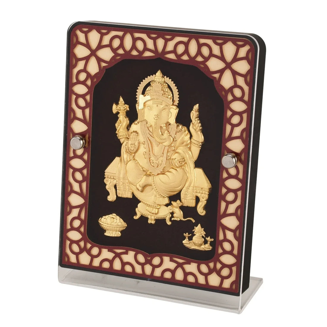 Ganesha Ji 24K Gold Foil Painting with Brown Tabletop Frame, 5x7 Inches