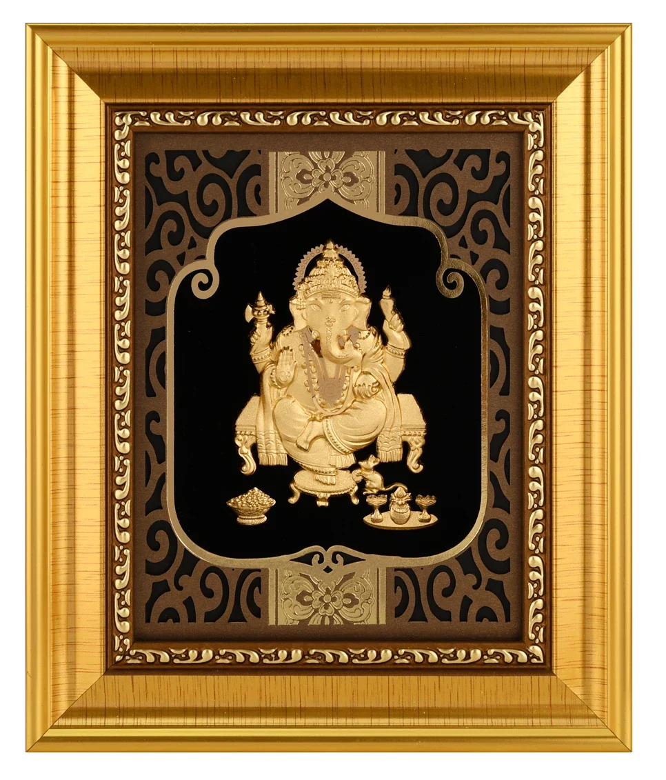 Ganesha Ji 24K Gold Foil Painting with Shiny Gold Versatile Frame, 6x7 Inches