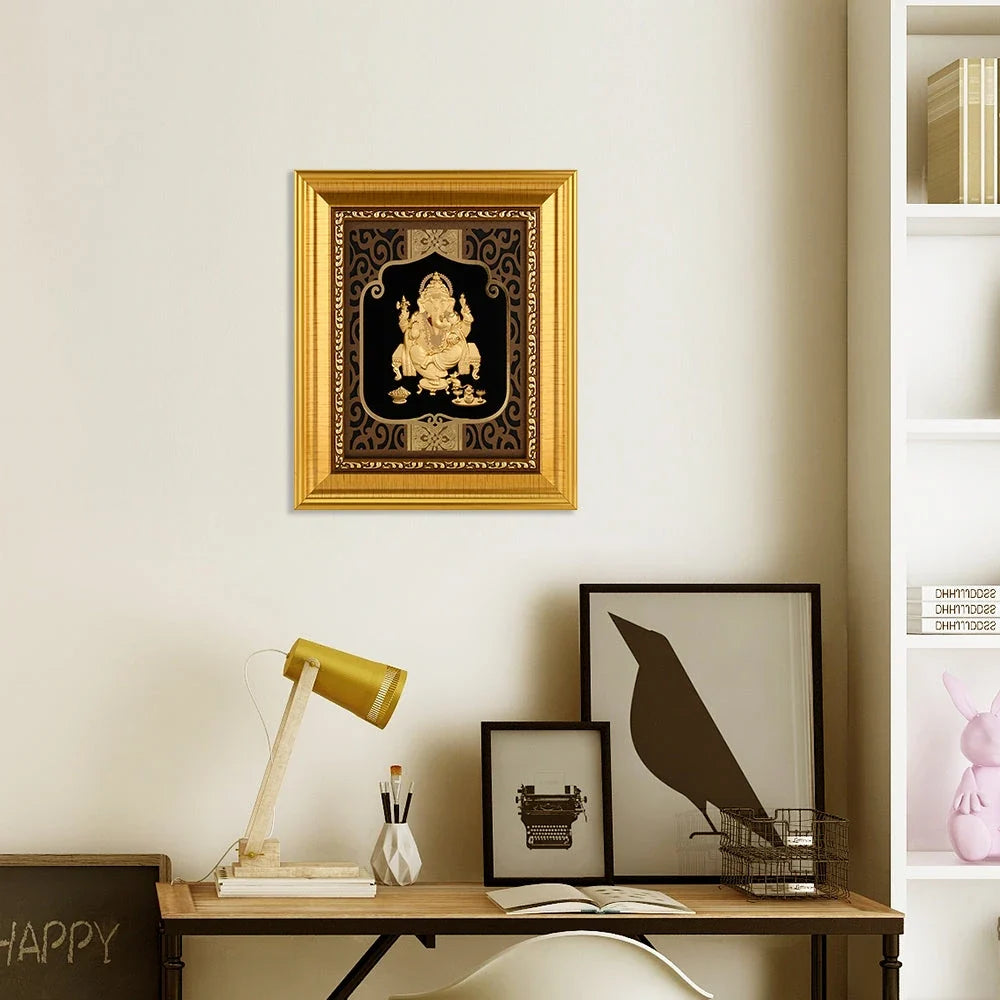 Ganesha Ji 24K Gold Foil Painting with Shiny Gold Versatile Frame, 6x7 Inches