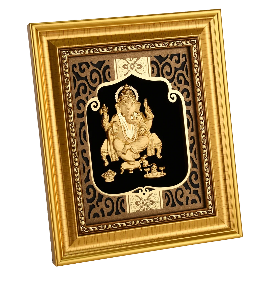 Ganesha Ji 24K Gold Foil Painting with Shiny Gold Versatile Frame, 6x7 Inches