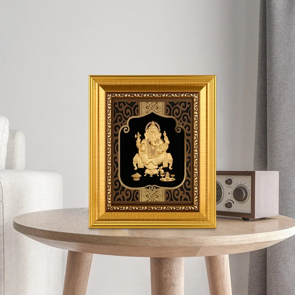 Ganesha Ji 24K Gold Foil Painting with Shiny Gold Versatile Frame, 6x7 Inches