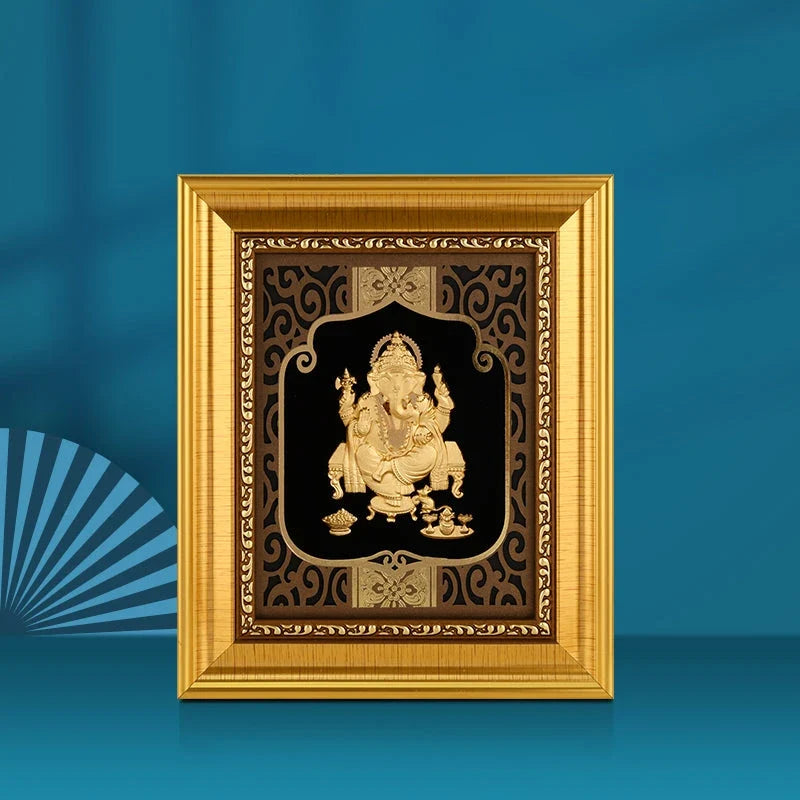 Ganesha Ji 24K Gold Foil Painting with Shiny Gold Versatile Frame, 6x7 Inches