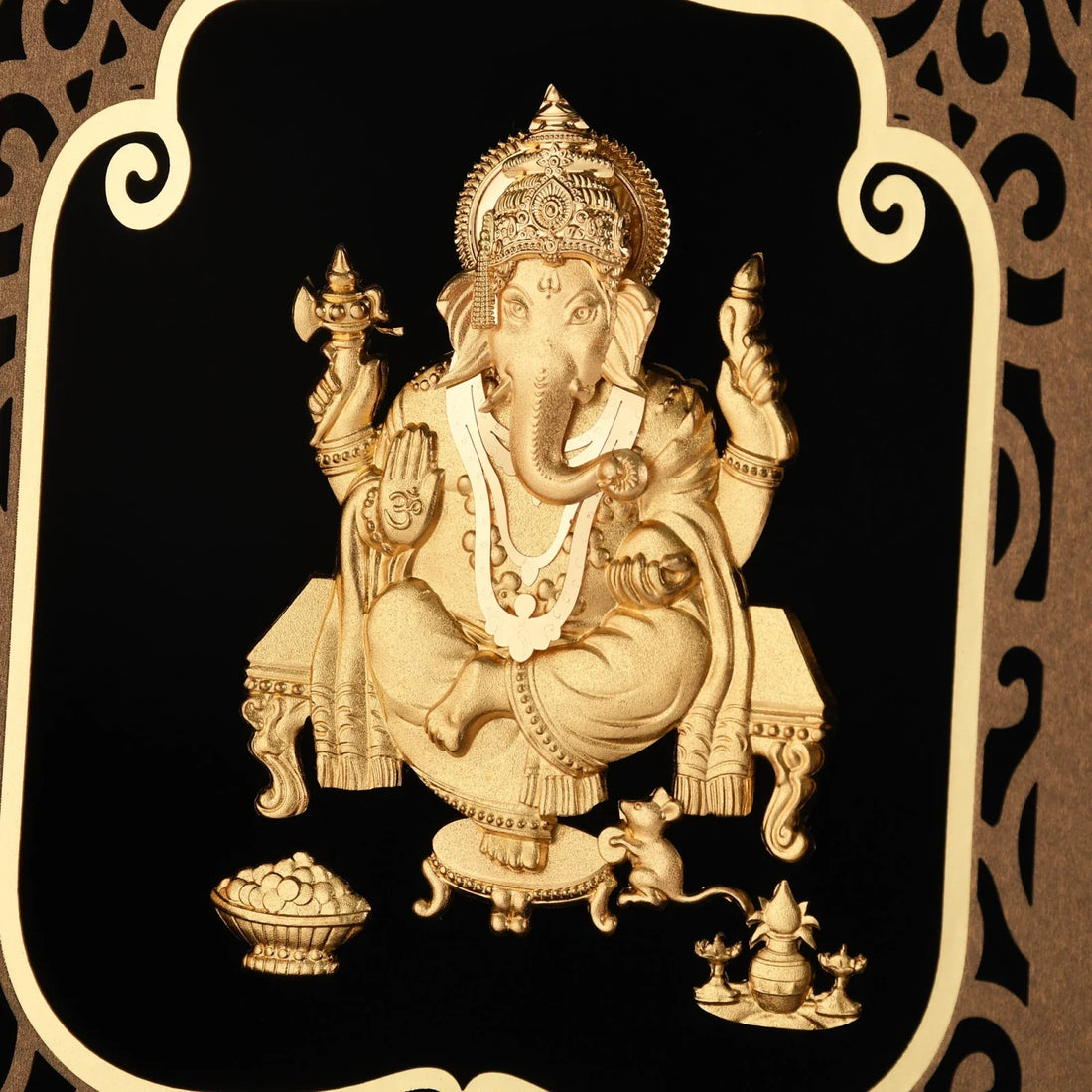 Ganesha Ji 24K Gold Foil Painting with Shiny Gold Versatile Frame, 8x10 Inches