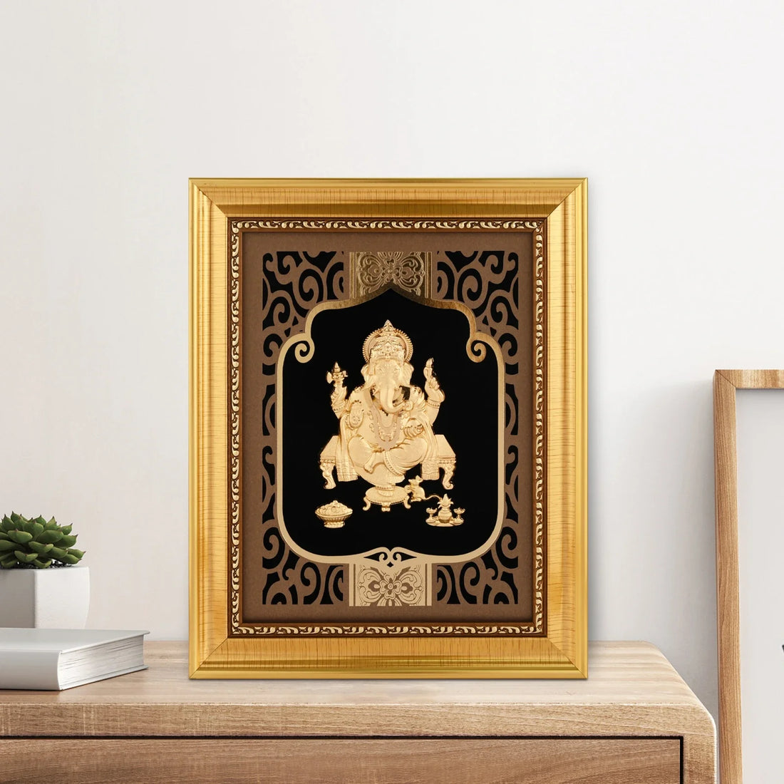 Ganesha Ji 24K Gold Foil Painting with Shiny Gold Versatile Frame, 8x10 Inches