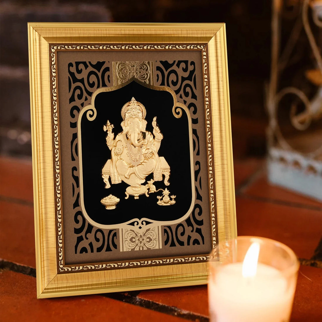 Ganesha Ji 24K Gold Foil Painting with Shiny Gold Versatile Frame, 8x10 Inches