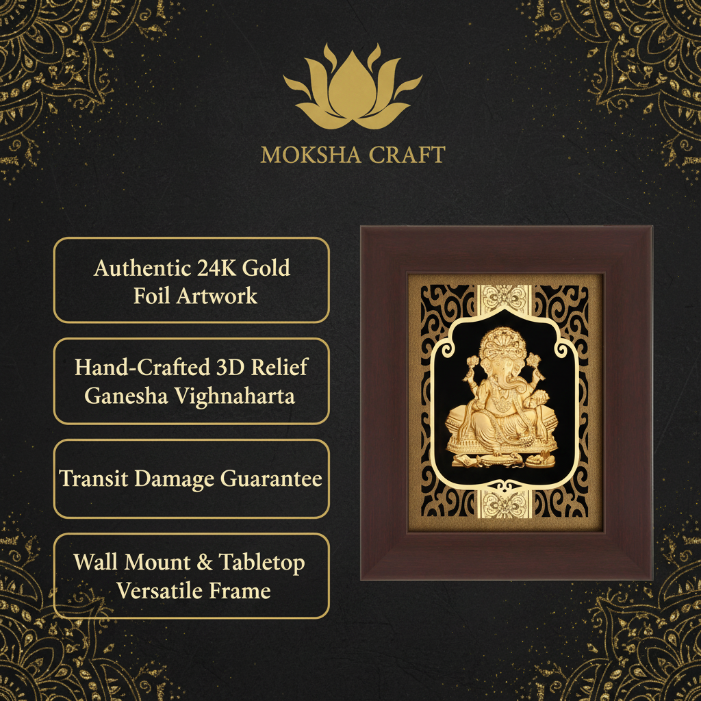 Ganesha 24K Gold Foil Painting Frame (6x7") - Sacred Obstacle Remover Art for Home Mandir, New House Blessing & Gift