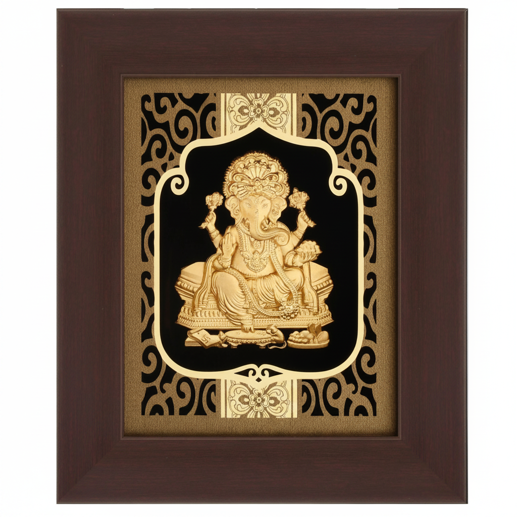 Ganesha 24K Gold Foil Painting Frame (6x7") - Sacred Obstacle Remover Art for Home Mandir, New House Blessing & Gift