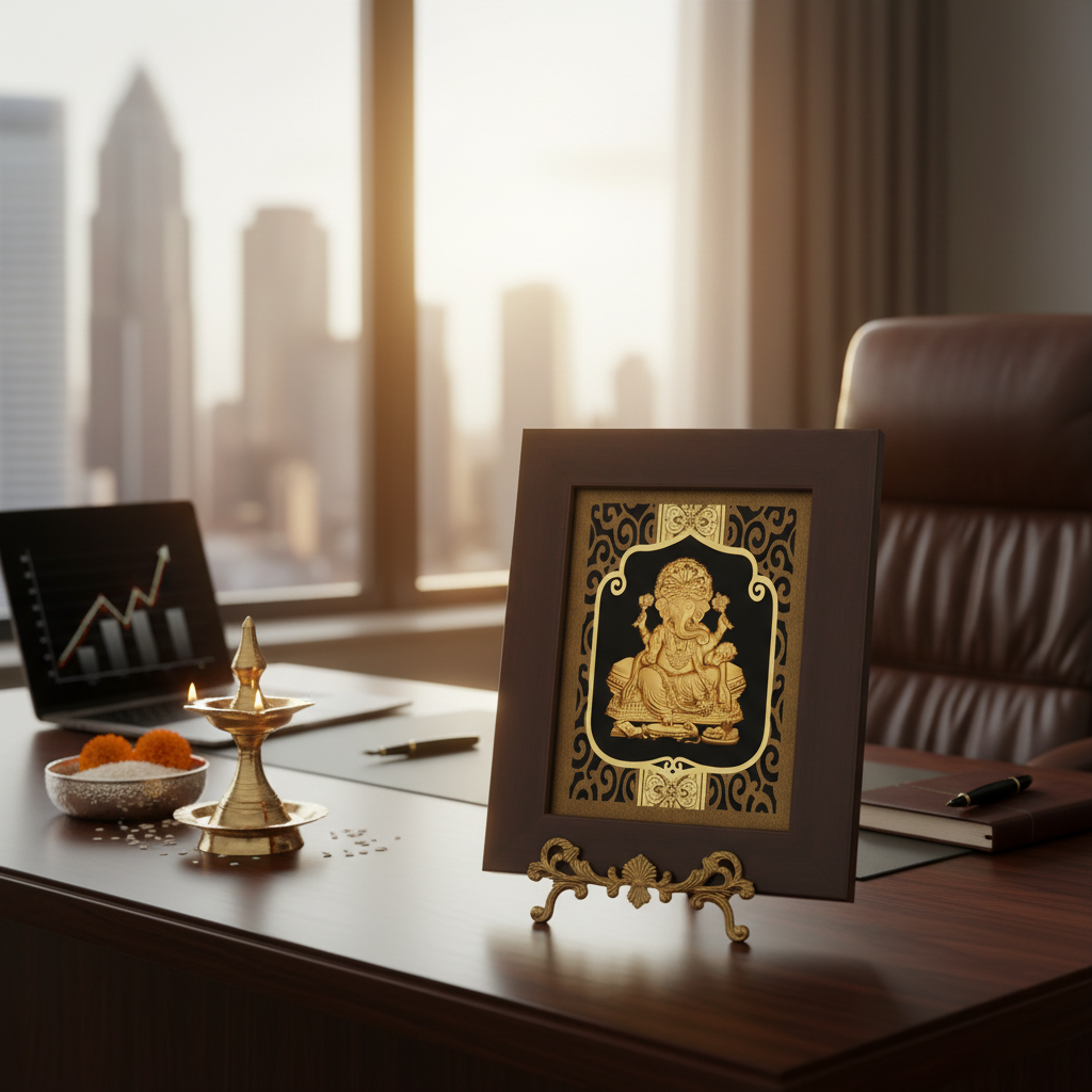 Ganesha 24K Gold Foil Painting Frame (6x7") - Sacred Obstacle Remover Art for Home Mandir, New House Blessing & Gift