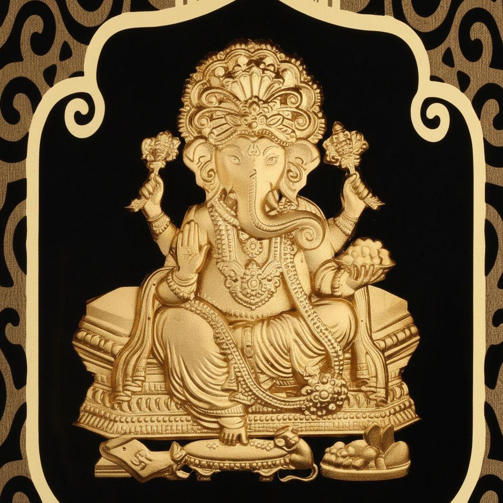 Ganesha 24K Gold Foil Painting Frame (6x7") - Sacred Obstacle Remover Art for Home Mandir, New House Blessing & Gift