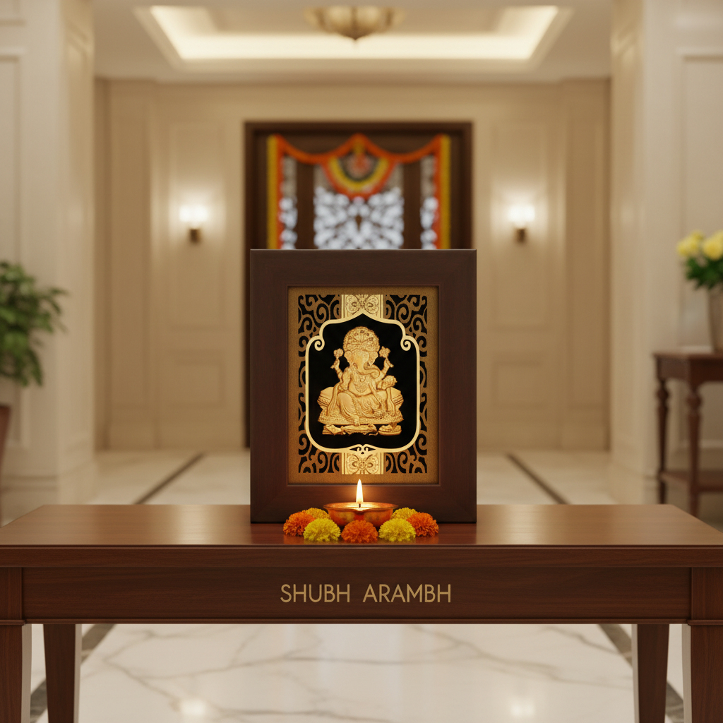 Ganesha 24K Gold Foil Painting Frame (6x7") - Sacred Obstacle Remover Art for Home Mandir, New House Blessing & Gift