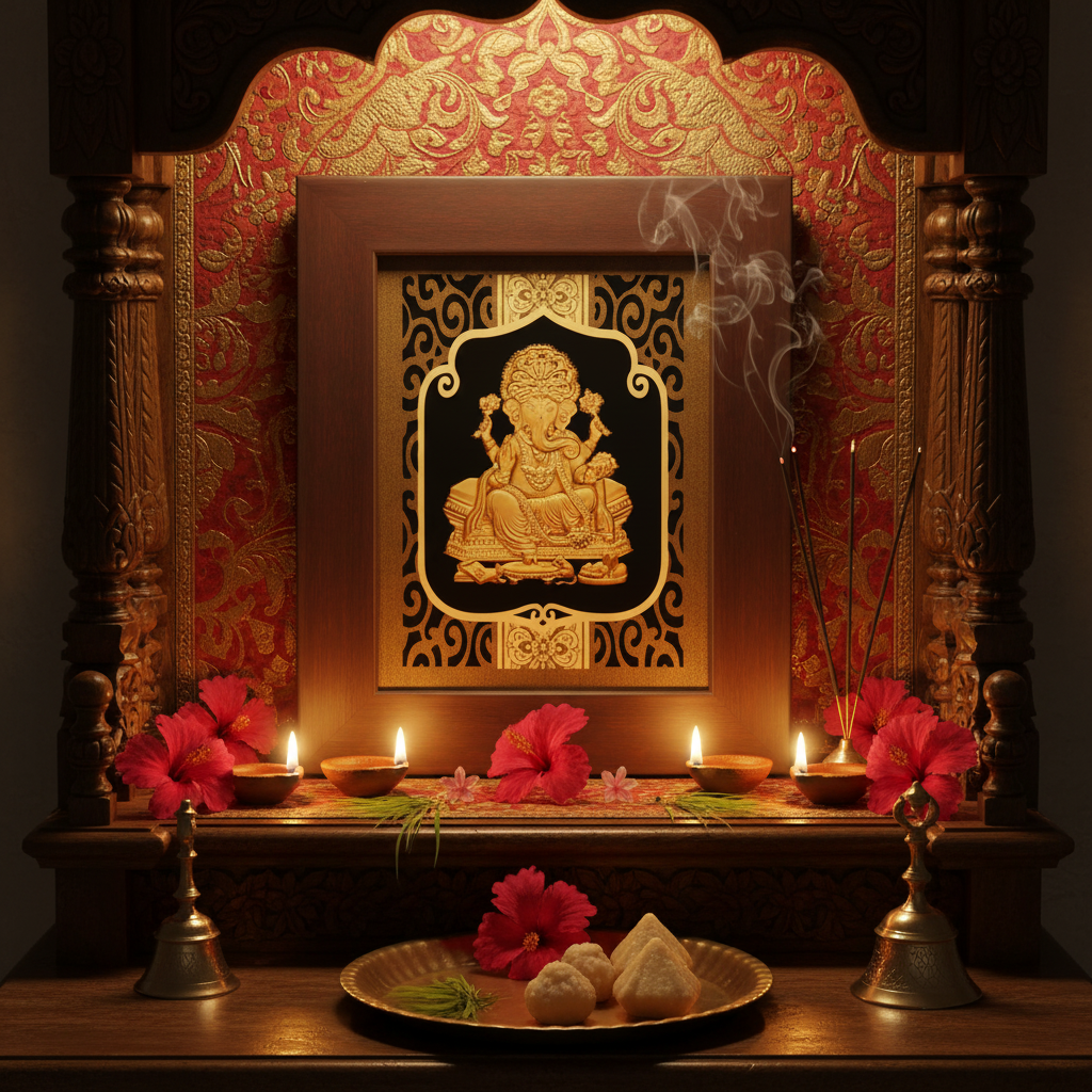 Ganesha 24K Gold Foil Painting Frame (6x7") - Sacred Obstacle Remover Art for Home Mandir, New House Blessing & Gift