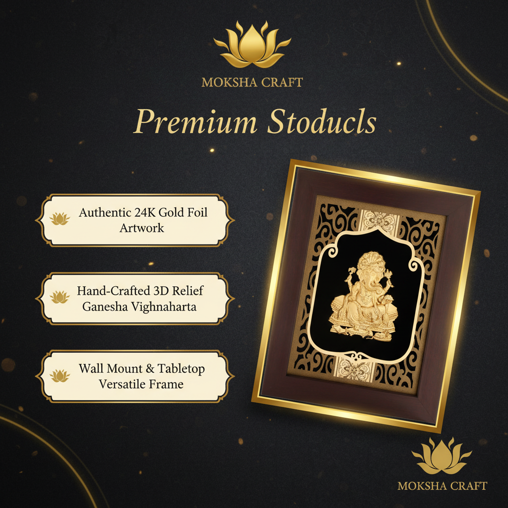 Ganesha 24K Gold Foil Painting Frame (8x10") - Sacred Obstacle Remover Art for Home Mandir, New House Blessing & Gift