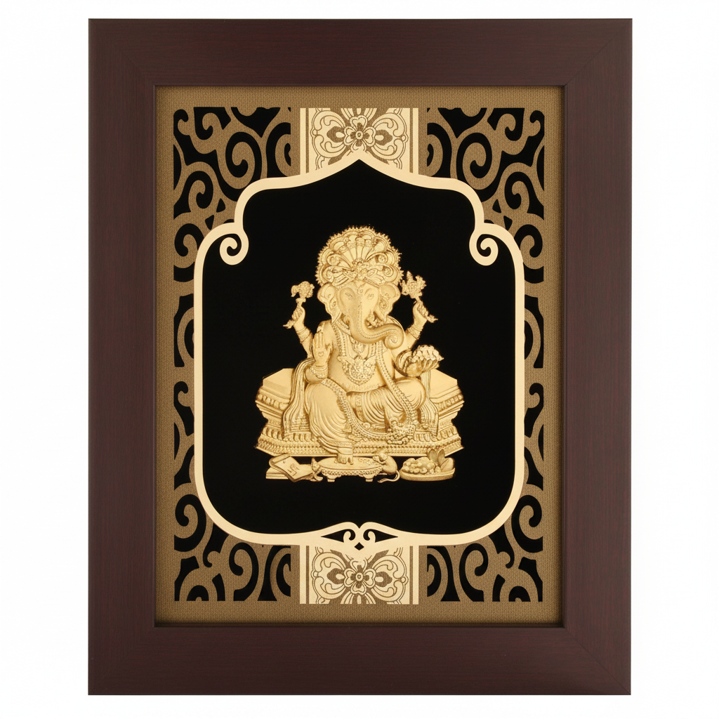 Ganesha 24K Gold Foil Painting Frame (8x10") - Sacred Obstacle Remover Art for Home Mandir, New House Blessing & Gift