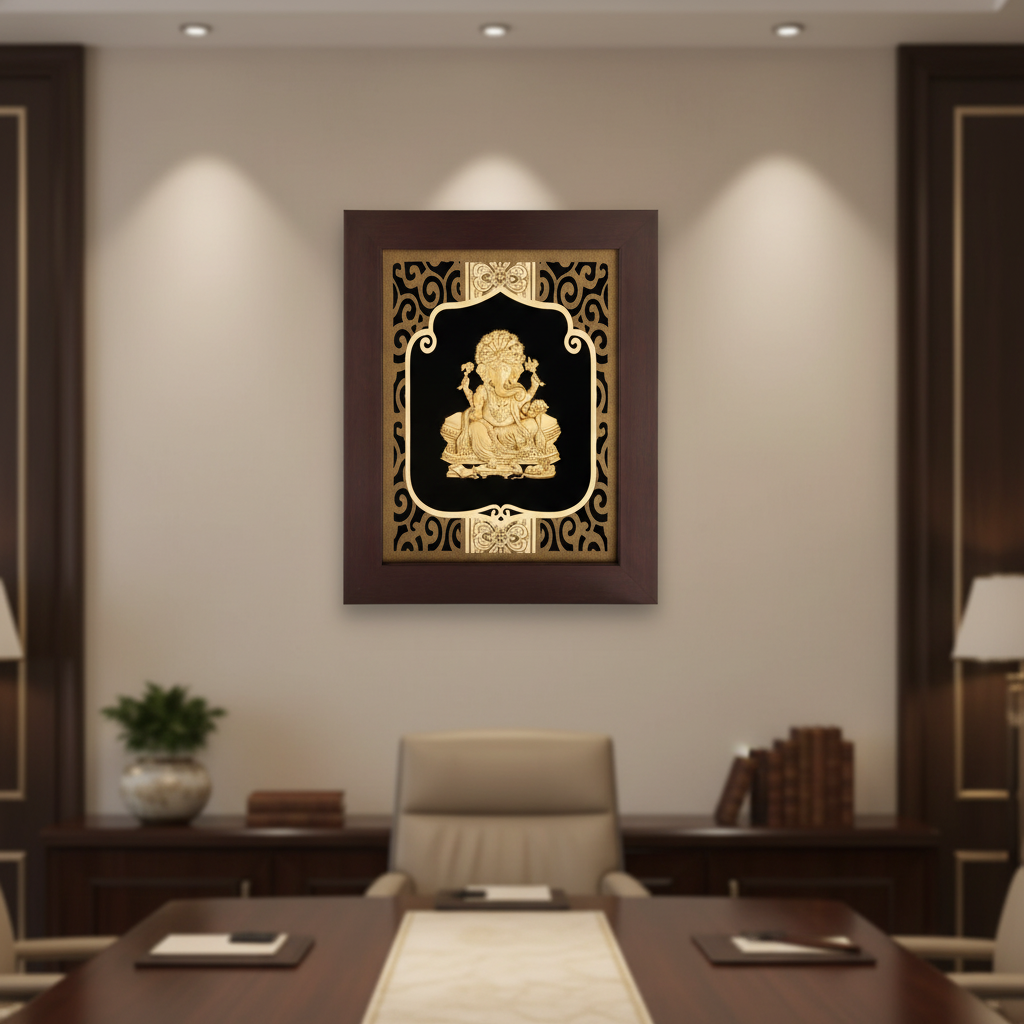 Ganesha 24K Gold Foil Painting Frame (8x10") - Sacred Obstacle Remover Art for Home Mandir, New House Blessing & Gift