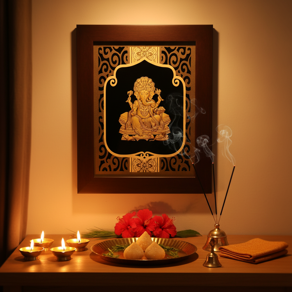 Ganesha 24K Gold Foil Painting Frame (8x10") - Sacred Obstacle Remover Art for Home Mandir, New House Blessing & Gift