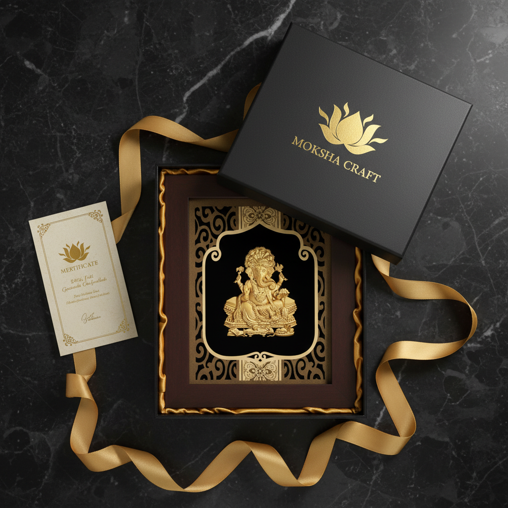Ganesha 24K Gold Foil Painting Frame (8x10") - Sacred Obstacle Remover Art for Home Mandir, New House Blessing & Gift