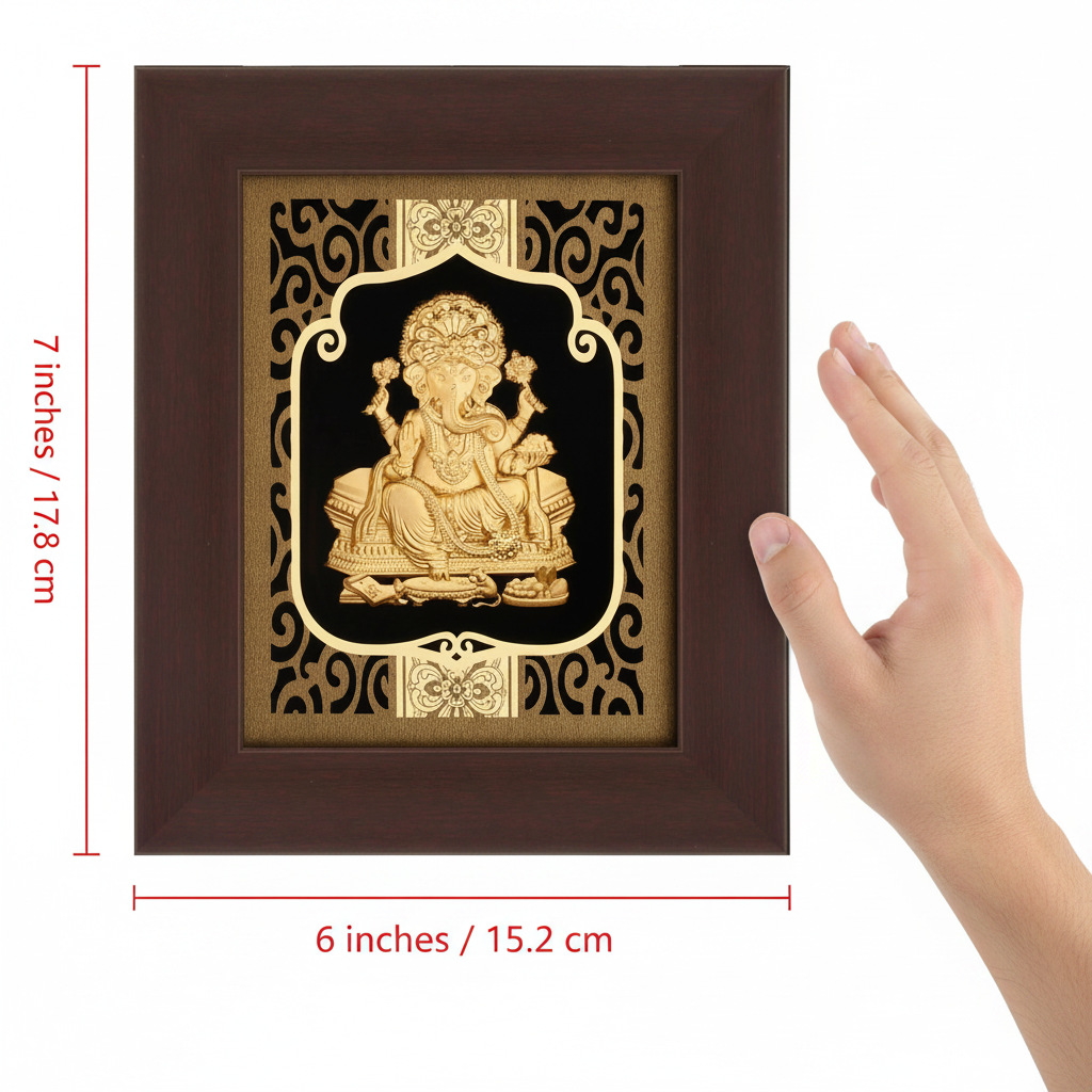 Ganesha 24K Gold Foil Painting Frame (6x7") - Sacred Obstacle Remover Art for Home Mandir, New House Blessing & Gift