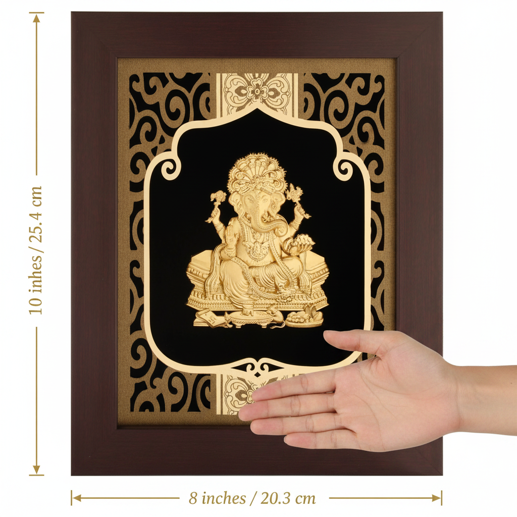 Ganesha 24K Gold Foil Painting Frame (8x10") - Sacred Obstacle Remover Art for Home Mandir, New House Blessing & Gift