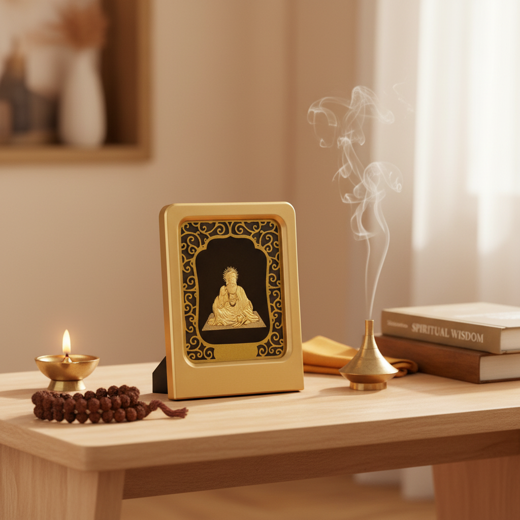 Guru 24K Gold Foil Painting Frame (2x3") - Sacred Spiritual Master Temple Art for Home Mandir, Meditation Desk & Gift