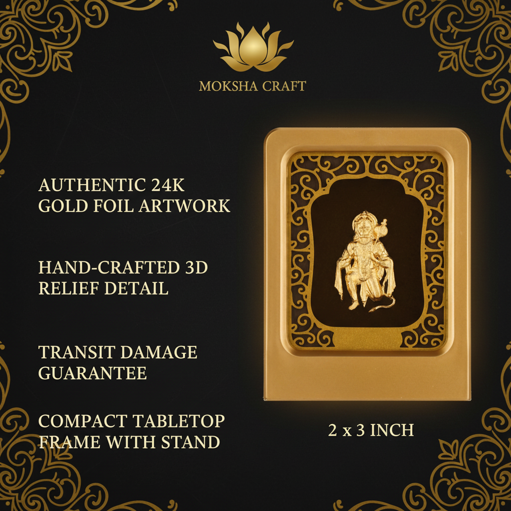 Hanuman Ji 24K Gold Foil Painting Frame (2x3") - Sacred Bajrangbali Temple Art for Home Mandir, Protection Desk & Gift
