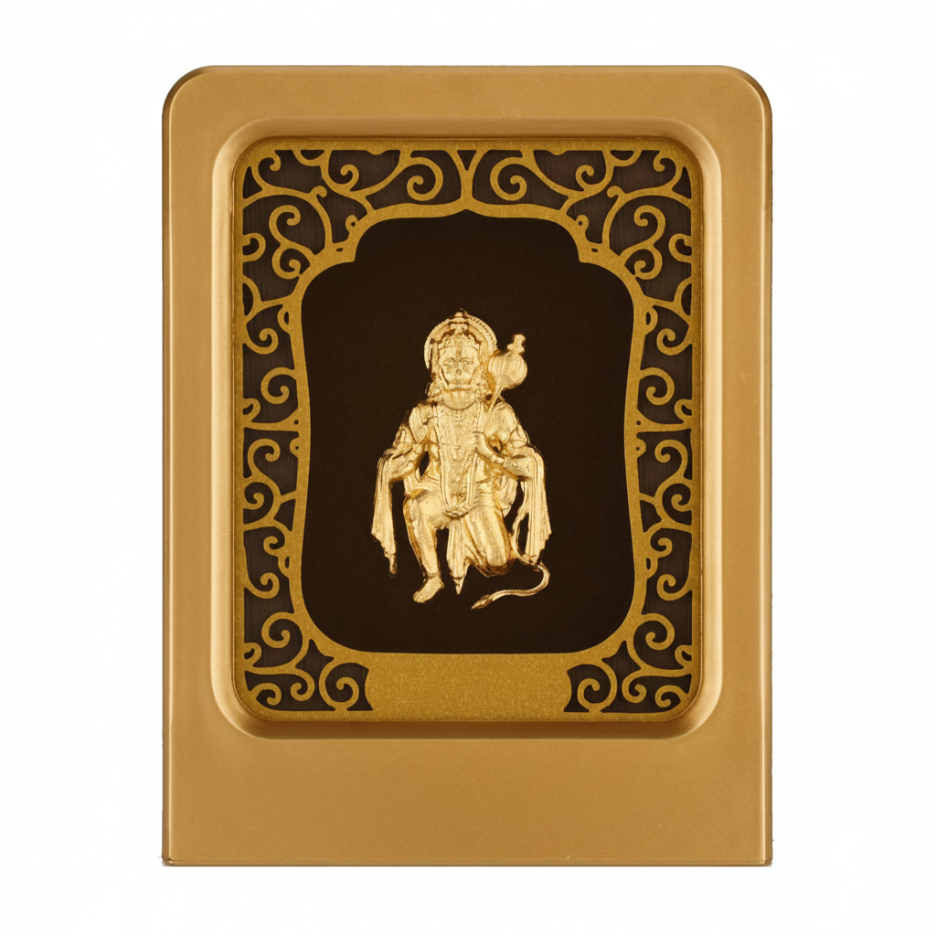 Hanuman Ji 24K Gold Foil Painting Frame (2x3") - Sacred Bajrangbali Temple Art for Home Mandir, Protection Desk & Gift