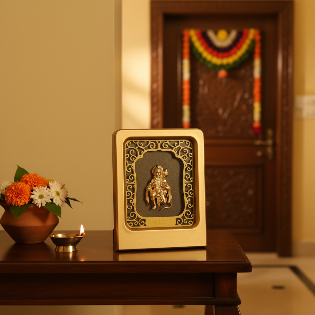 Hanuman Ji 24K Gold Foil Painting Frame (2x3") - Sacred Bajrangbali Temple Art for Home Mandir, Protection Desk & Gift