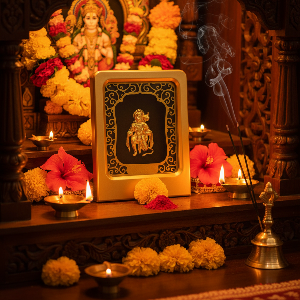 Hanuman Ji 24K Gold Foil Painting Frame (2x3") - Sacred Bajrangbali Temple Art for Home Mandir, Protection Desk & Gift