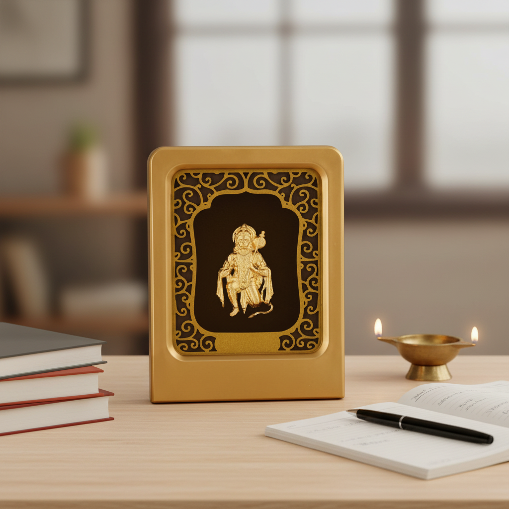 Hanuman Ji 24K Gold Foil Painting Frame (2x3") - Sacred Bajrangbali Temple Art for Home Mandir, Protection Desk & Gift