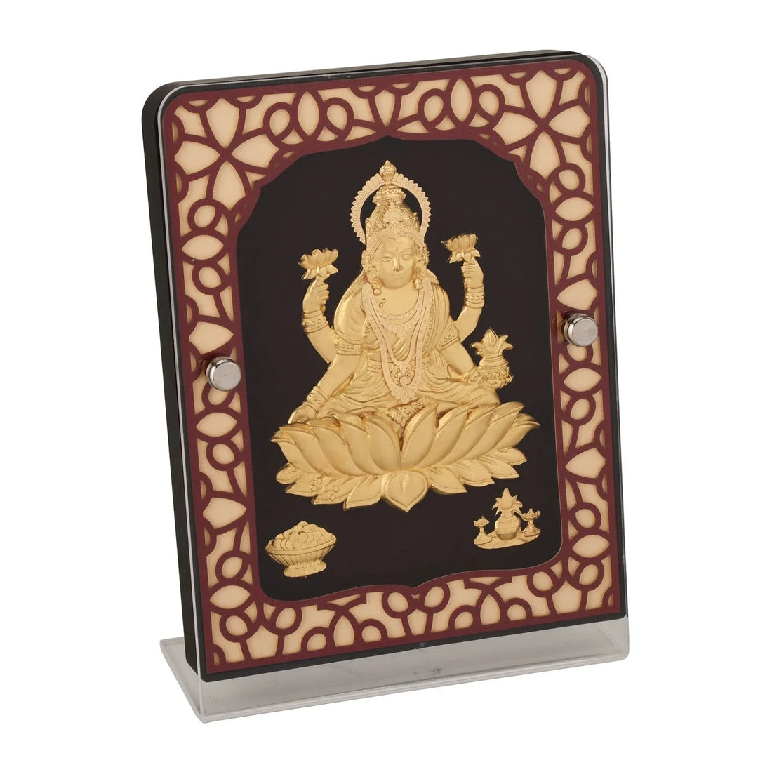 Lakshmi Ji 24K Gold Foil Painting with Brown Tabletop Frame, 5x7 Inches