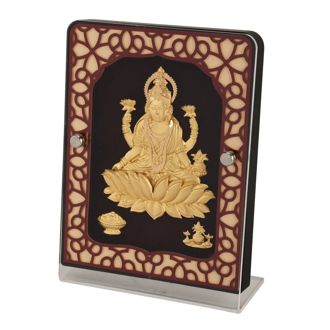 Lakshmi Ji 24K Gold Foil Painting with Brown Tabletop Frame, 5x7 Inches