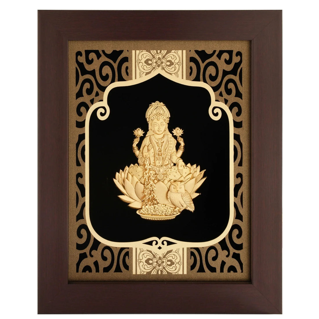 Lakshmi Ji 24K Gold Foil Painting with Burgundy Versatile Frame, 8x10 Inches