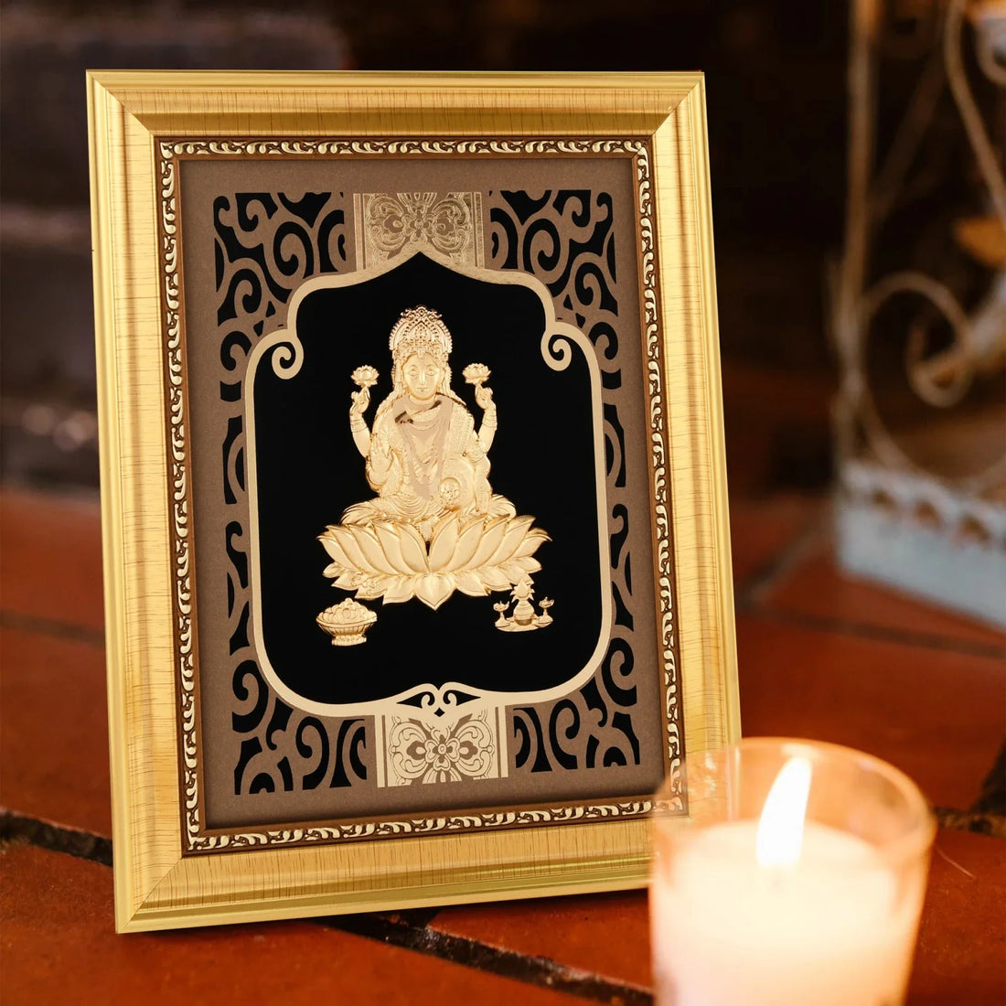 Lakshmi Ji 24K Gold Foil Painting with Shiny Gold Versatile Frame, 8x10 Inches