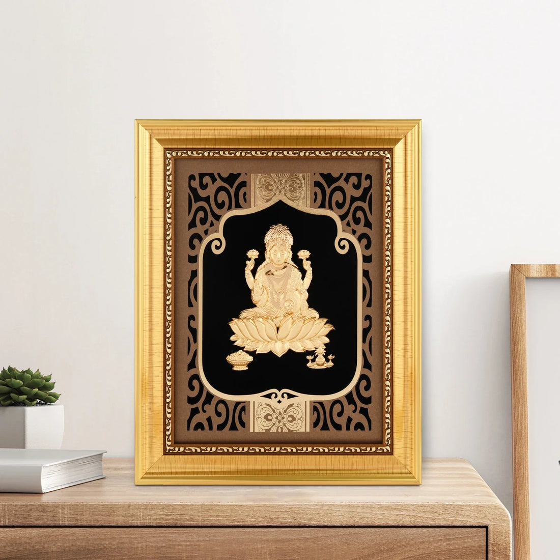 Lakshmi Ji 24K Gold Foil Painting with Shiny Gold Versatile Frame, 8x10 Inches