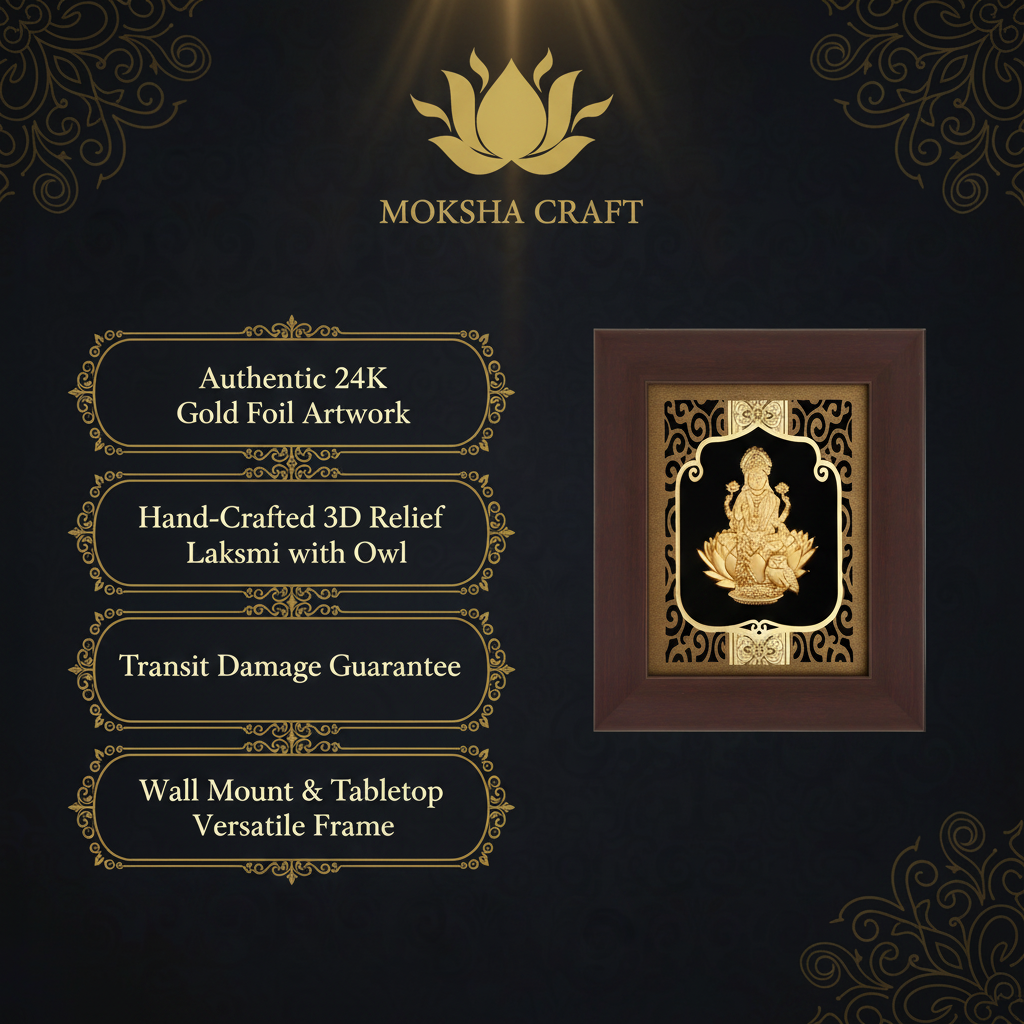 Lakshmi 24K Gold Foil Painting Frame (6x7") - Sacred Goddess of Wealth Art for Home Mandir, Altar Decor & Diwali Gift