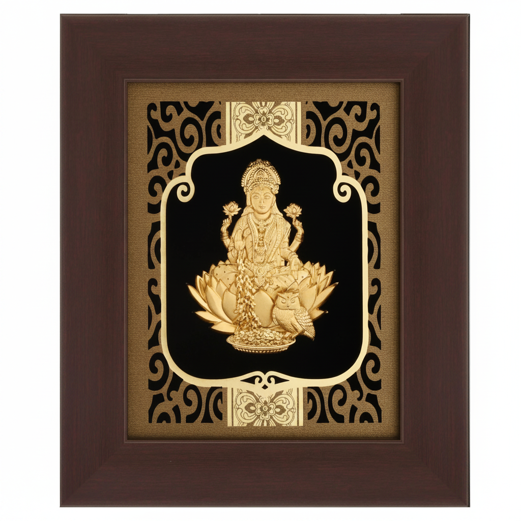 Lakshmi 24K Gold Foil Painting Frame (6x7") - Sacred Goddess of Wealth Art for Home Mandir, Altar Decor & Diwali Gift