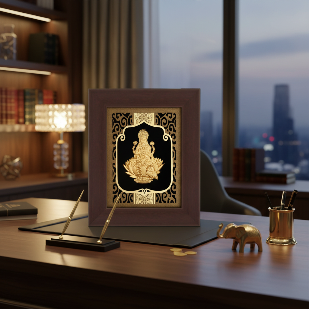 Lakshmi 24K Gold Foil Painting Frame (6x7") - Sacred Goddess of Wealth Art for Home Mandir, Altar Decor & Diwali Gift