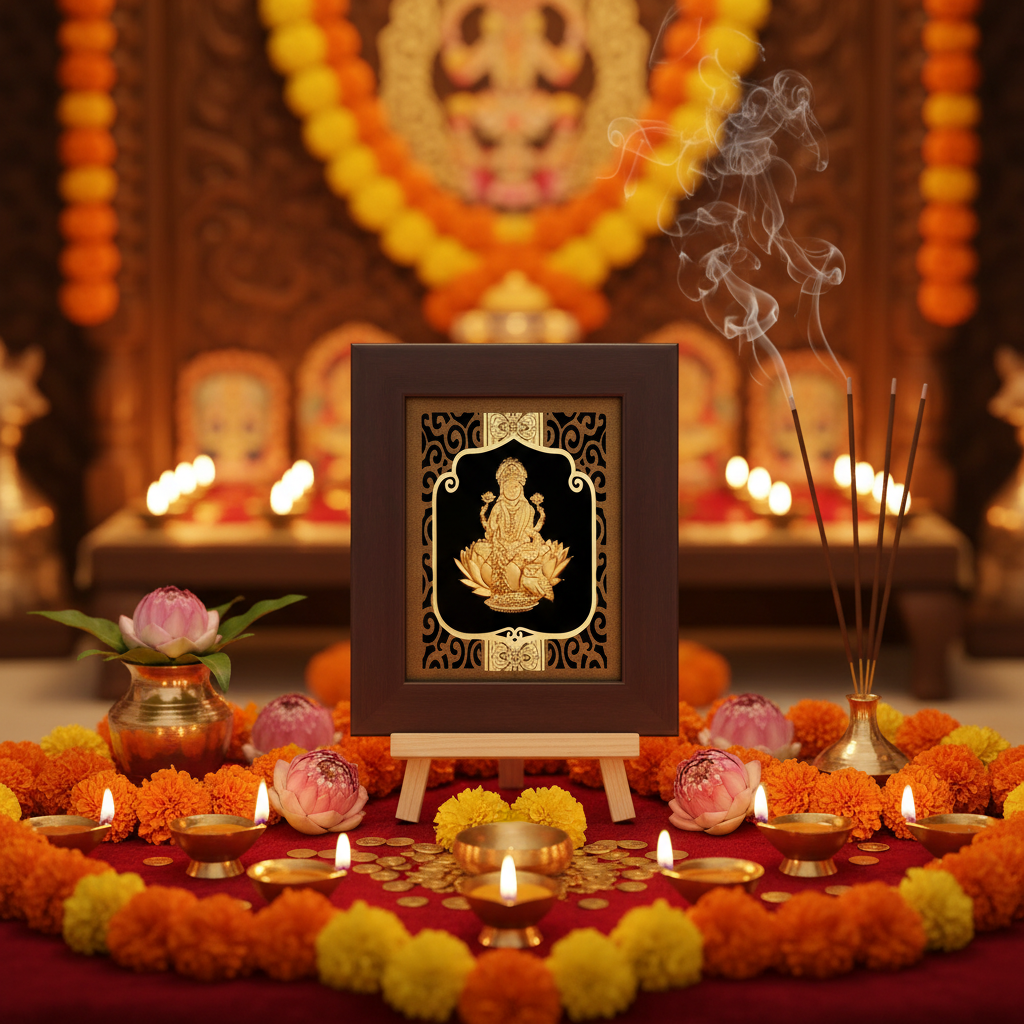 Lakshmi 24K Gold Foil Painting Frame (6x7") - Sacred Goddess of Wealth Art for Home Mandir, Altar Decor & Diwali Gift