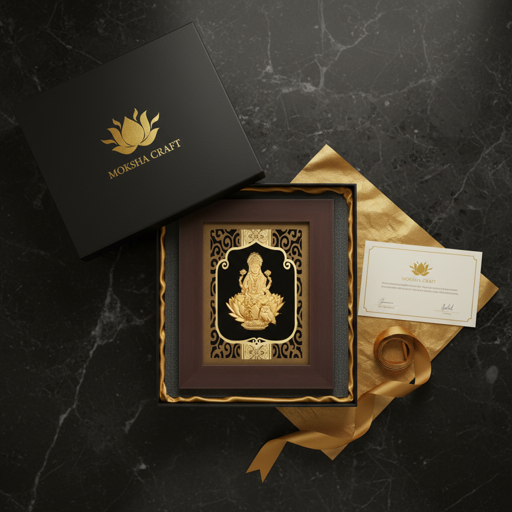 Lakshmi 24K Gold Foil Painting Frame (6x7") - Sacred Goddess of Wealth Art for Home Mandir, Altar Decor & Diwali Gift