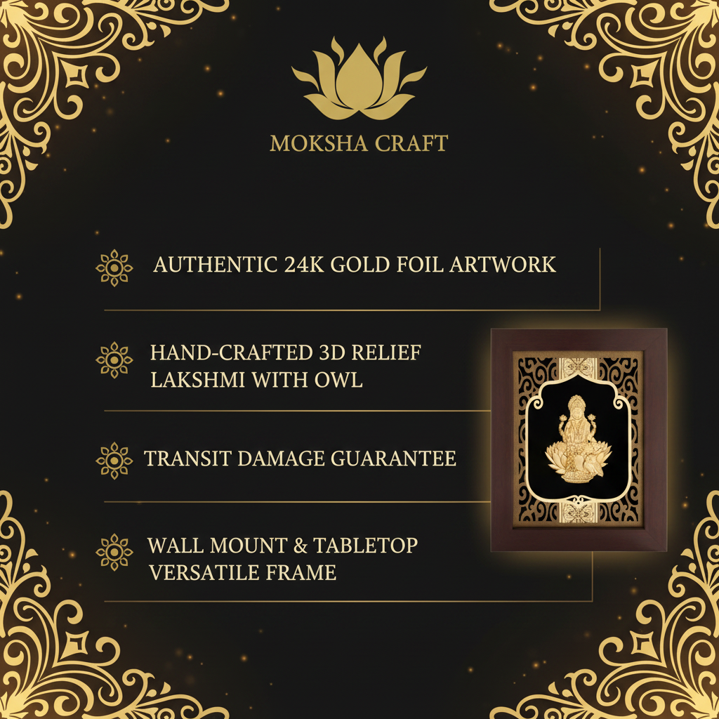 Lakshmi 24K Gold Foil Painting Frame (8x10") - Sacred Goddess of Wealth Art for Home Mandir, Vastu Decor & Diwali Gift