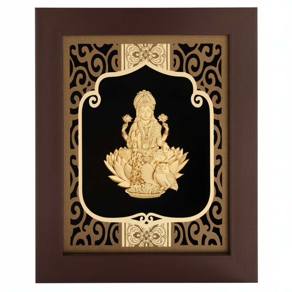 Lakshmi 24K Gold Foil Painting Frame (8x10") - Sacred Goddess of Wealth Art for Home Mandir, Vastu Decor & Diwali Gift