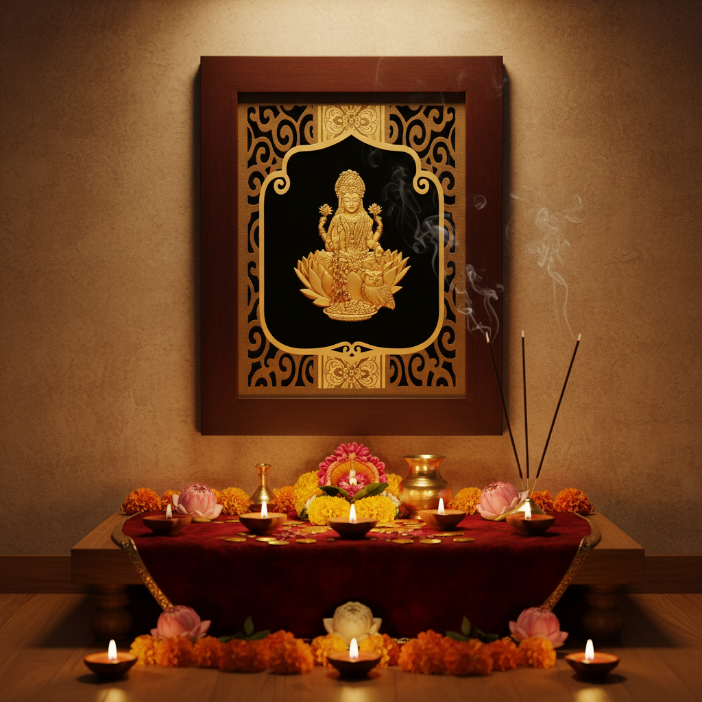 Lakshmi 24K Gold Foil Painting Frame (8x10") - Sacred Goddess of Wealth Art for Home Mandir, Vastu Decor & Diwali Gift