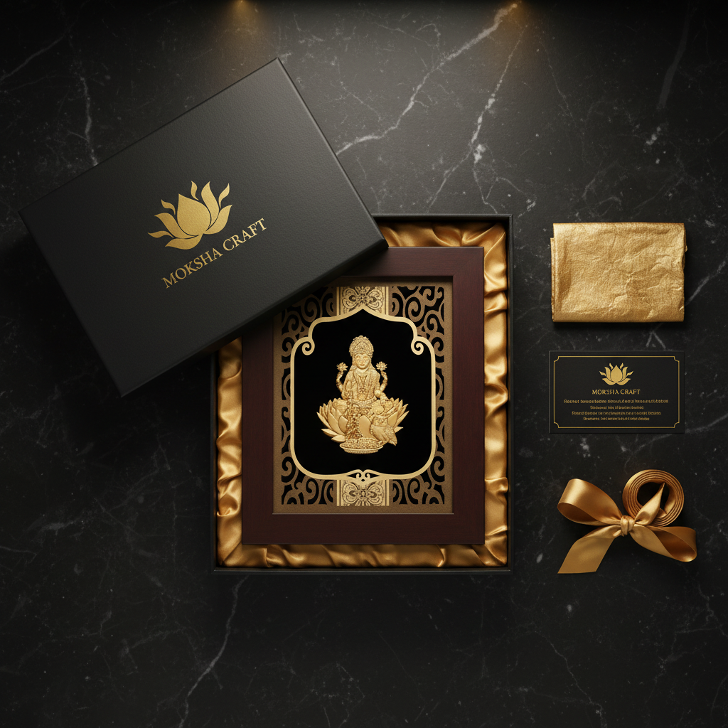 Lakshmi 24K Gold Foil Painting Frame (8x10") - Sacred Goddess of Wealth Art for Home Mandir, Vastu Decor & Diwali Gift