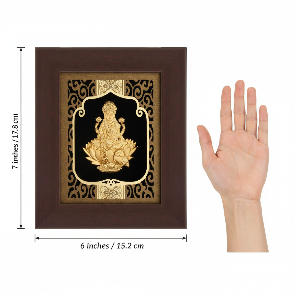 Lakshmi 24K Gold Foil Painting Frame (6x7") - Sacred Goddess of Wealth Art for Home Mandir, Altar Decor & Diwali Gift