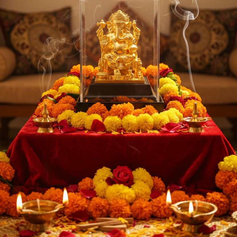 24K Gold Ganesha Statue (7.5") - Vinayaka Murti for Home Mandir, Diwali Pooja & Griha Pravesh Gift