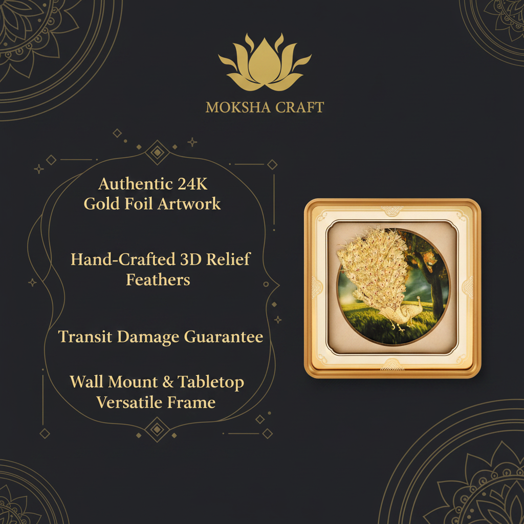24K Gold Foil Peacock Wall Art Frame (11x11") - Sacred Indian Mayura Painting for Vastu Home Mandir Decor & Diwali Housewarming Gift