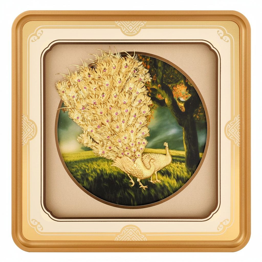 24K Gold Foil Peacock Wall Art Frame (11x11") - Sacred Indian Mayura Painting for Vastu Home Mandir Decor & Diwali Housewarming Gift