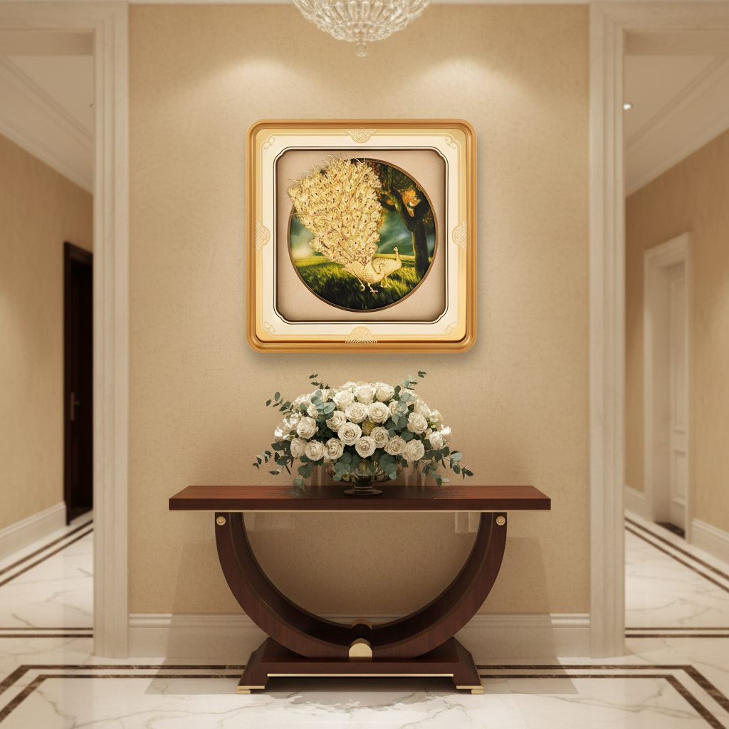 24K Gold Foil Peacock Wall Art Frame (11x11") - Sacred Indian Mayura Painting for Vastu Home Mandir Decor & Diwali Housewarming Gift