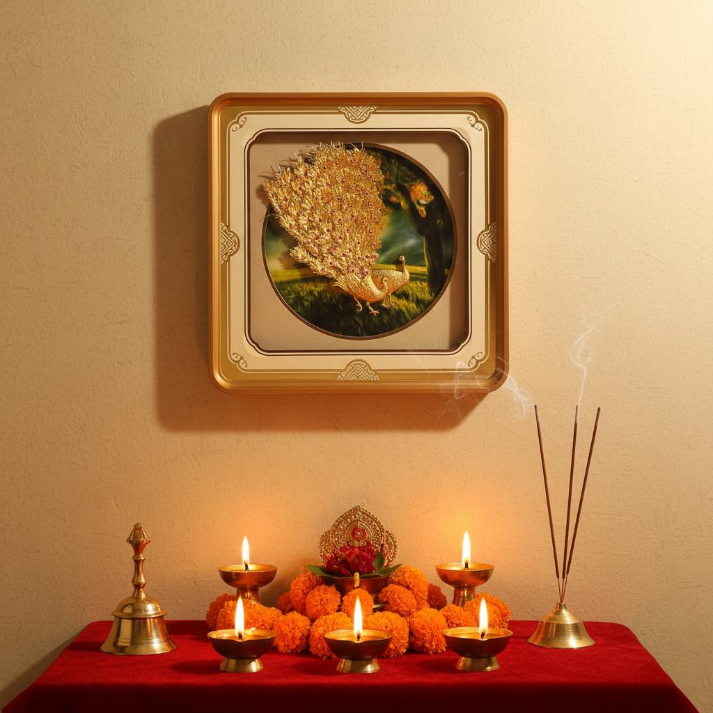 24K Gold Foil Peacock Wall Art Frame (11x11") - Sacred Indian Mayura Painting for Vastu Home Mandir Decor & Diwali Housewarming Gift